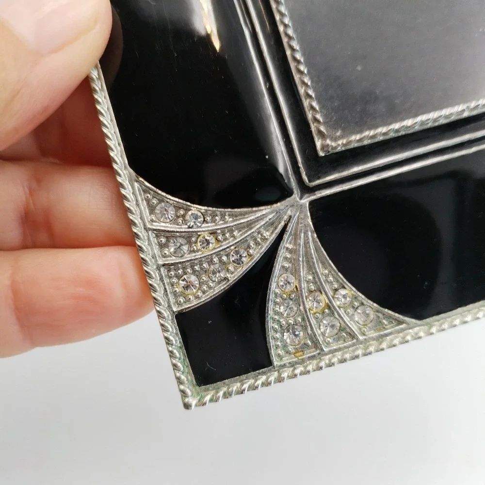 Vintage Art Deco Style Mini Picture Frame Black Enamel Rhinestone Square 2x2